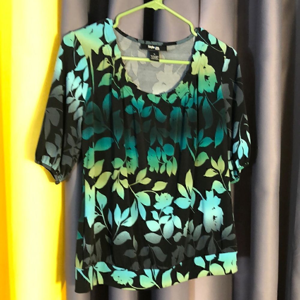 Style & Co Women's Blue Green Print Blouse Size M Petite